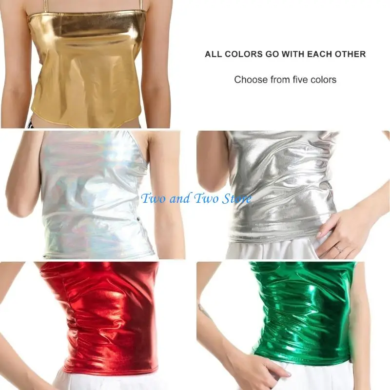 HX6F Metallic Wet Look Faux Leather Camisole Crop Tanks Top for Women