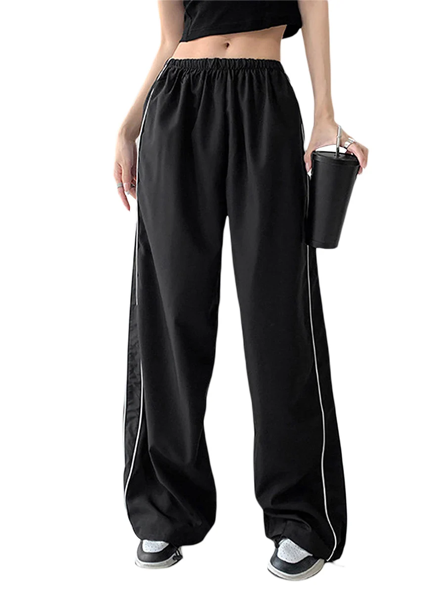 

Women‘s Track Pants Sloid Parachute Pants Elastic Slim Waist Wide Leg Y2K Sweatpants Casual Loose Baggy Pants 2000s Streewear