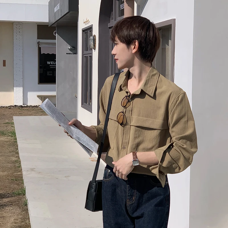 

Мужская рубашка с длинным рукавом, весенне-осенняя, повседневная, свободного кроя, с текстурой, однотонная, в корейском стиле, модный бренд