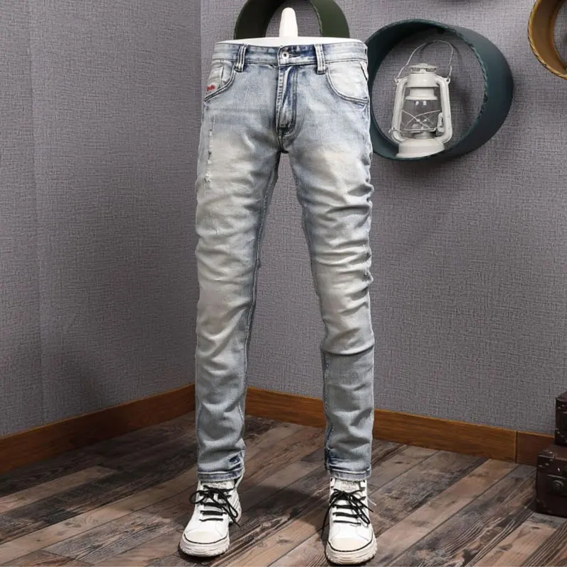 Fashion Streetwear Men Jeans Retro Light Blue Stretch Slim Fit Ripped Jeans Men Embroidery Designer Vintage Denim Pants Hombre