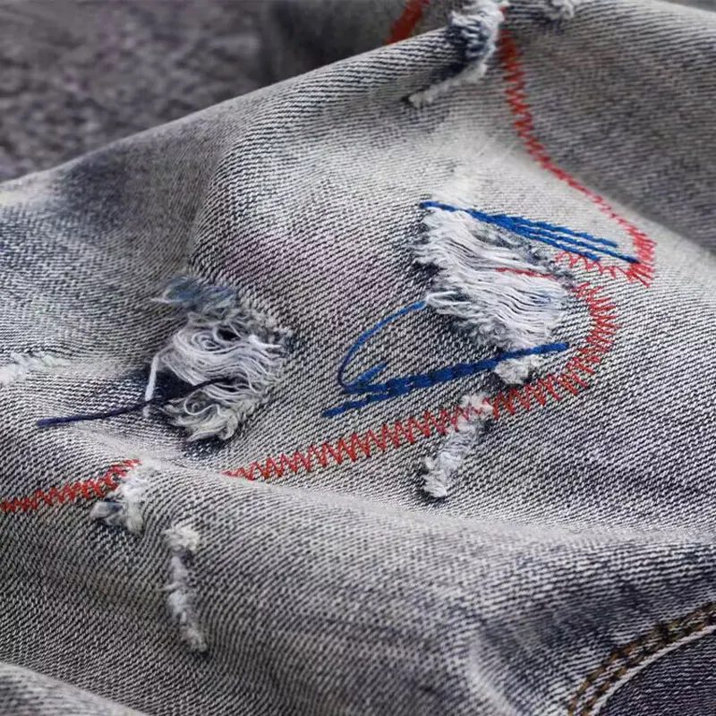 Fashion Designer Men Jeans High Quality Retro Gray Blue Stretch Slim Fit Ripped Jeans Men Embroidery Vintage Denim Pants Hombre