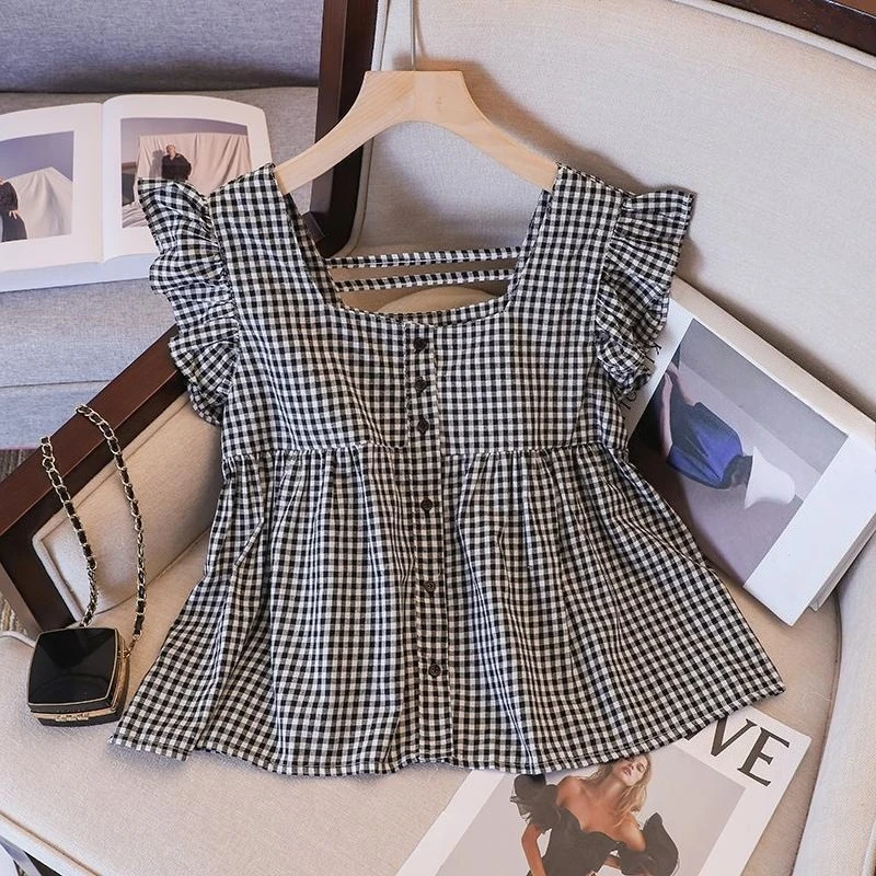Girls Summer Blouse 2026 New Checkered Shirt for Kids Lightweight Puff Sleeve Casual Tops Cute Stylish Outfit Ages 3–10