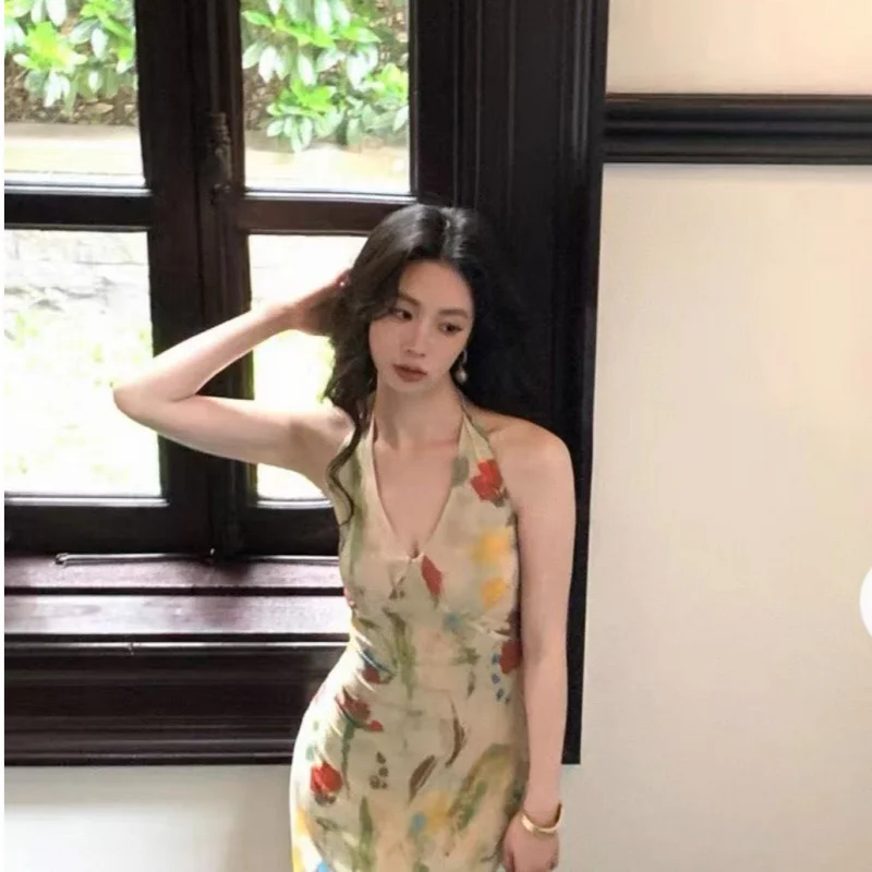 

2026Vintage Mesh Print Halter Neck Dress, Vacation Dress for Women, New Summer Elegant Long Dress