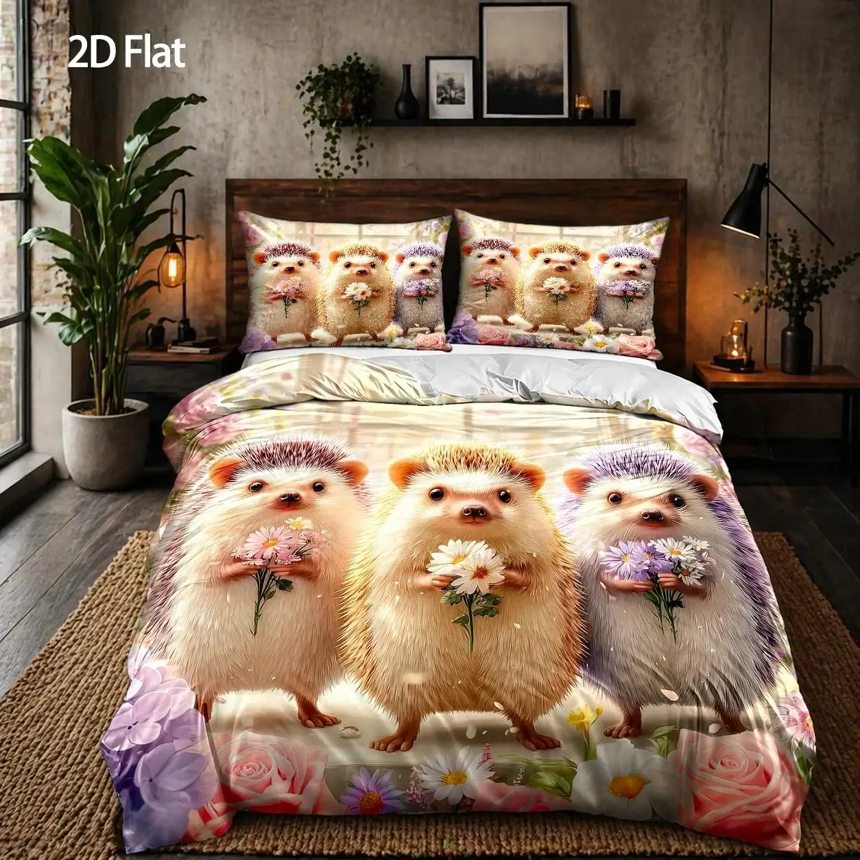 3-Piece Duvet Cover Set, 1 Duvet Cover + 2 Pillowcases (Without Filling), Hedgehog Bouquet Theme, Dreamy Style, Spring, Cute Home Decor, Suitable for All Seasons, Machine Washable, Hidden Zipper, Suitable for Bedroom, Dormitory, Master Bedroom, Guest Room
