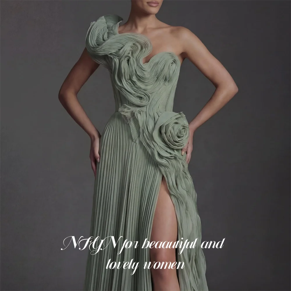 NFYN Sage Green 프롬 드레 One Shoulder Sleeveless Prom Gown A Line Party Dresses for Formal Event High Split 3D Flowers Customized view 4