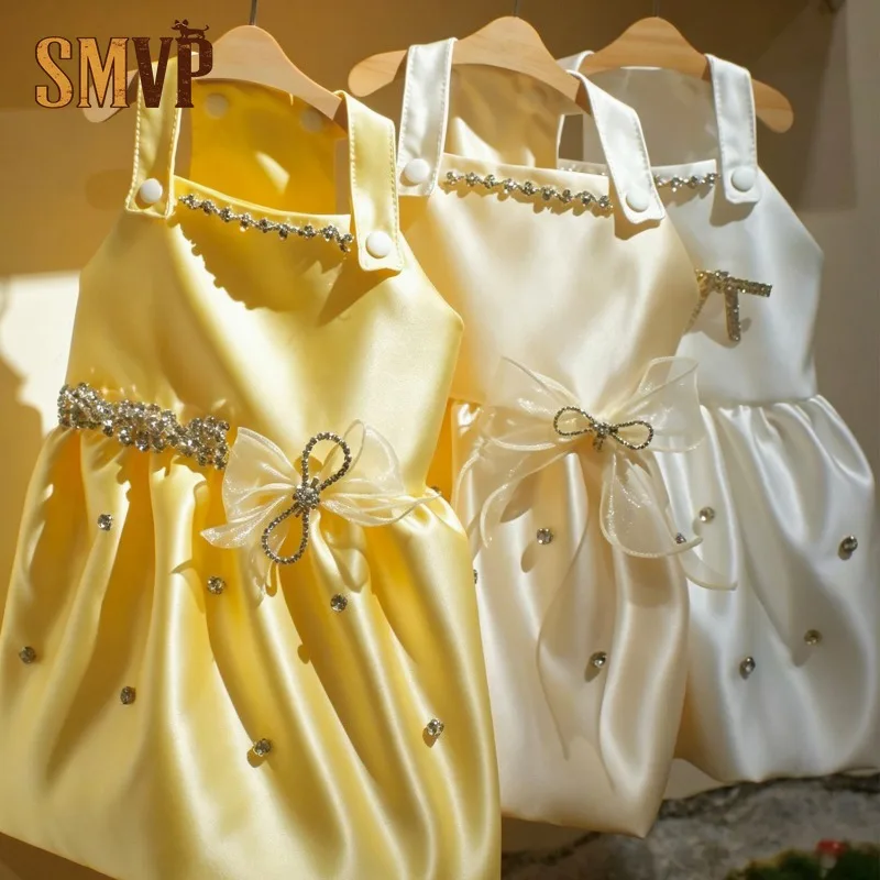 Matte Satin Pet Wedding Dress Rhinestone Decor Bow Sling Princess Gown Elegant Puppy Party Bridal Costume Pets Formal Outfit