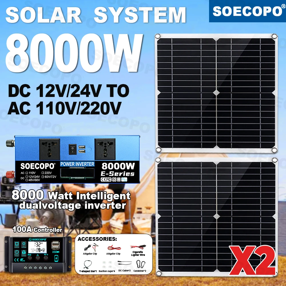 

SOECOPO 8000W Inverter DC 12/24V to AC 110/220V (2*Socket) Solar System Set 2×300W Panels 100A Controller for Home Camping