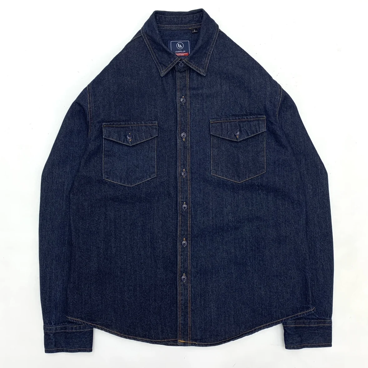 Ameikaji Men's Loose Fit Deep Blue Denim Shirt Motorcycle Style Workwear Cotton Long Sleeve Button up Casual Fashion