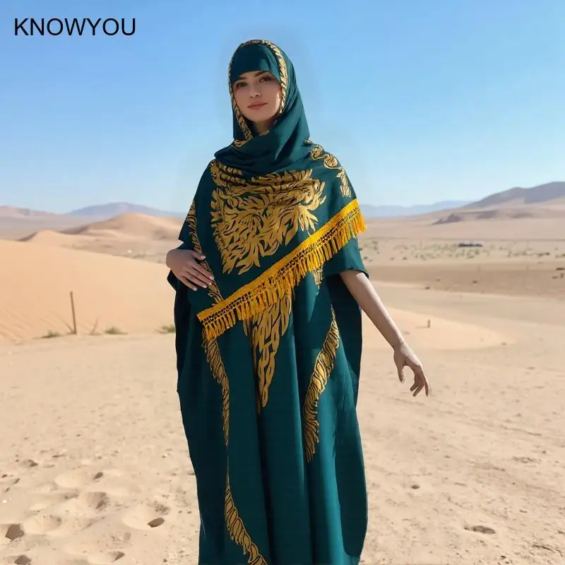 Summer Lady Femme Dress with Big Scarf Sleeve Dubai Gilding Pattern Abaya Loose Vintage Robe Maxi Islam Clothing 2025 Newest