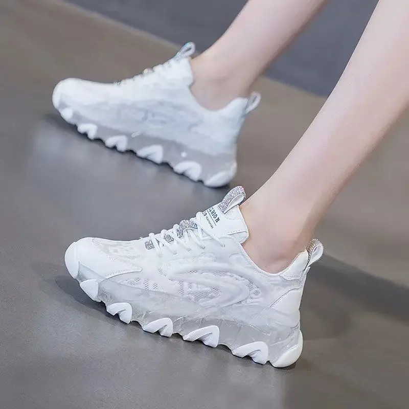 Clear Transparent Ladies Shoes Pink Lace Up Low Women Footwear Mesh Breathable High on Platform Light Quality 2024 New in Autumn