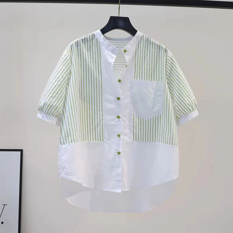

Stripes Loose Short Sleeve Women's Shirt Summer Breathable Cotton Button up Casual Fashion Commute Style Chinese Brand
