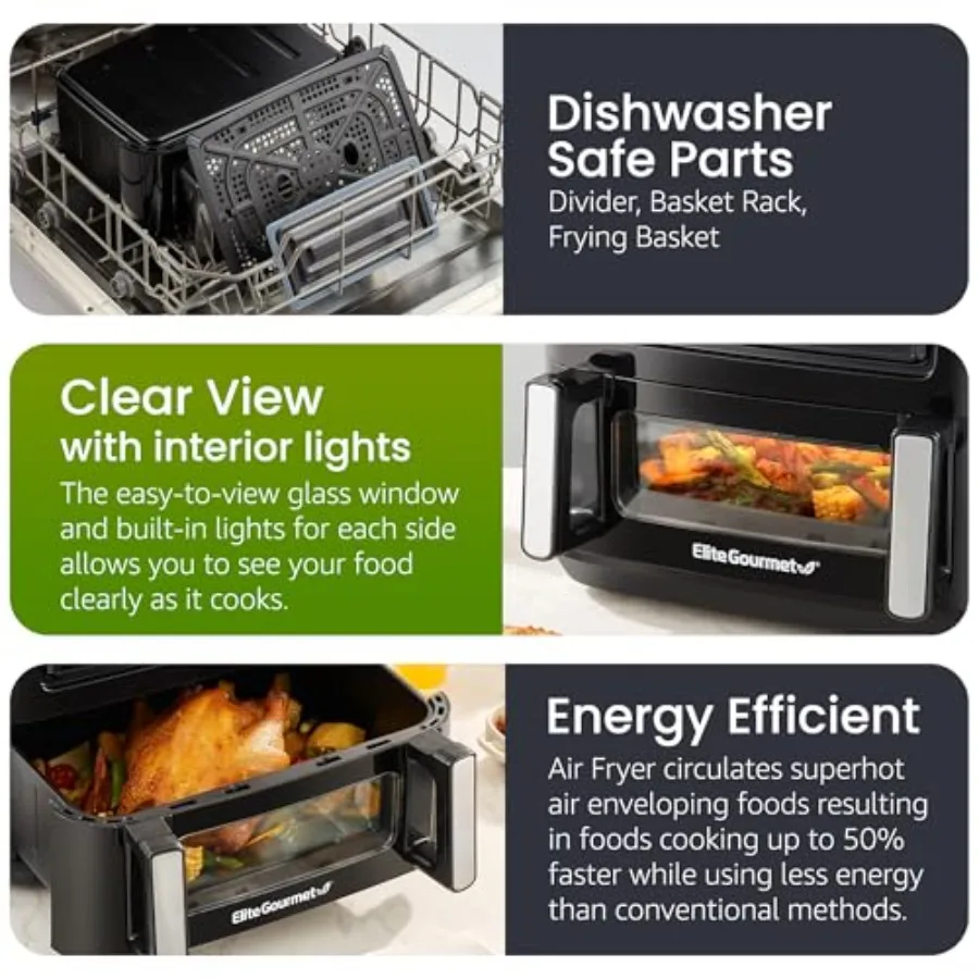 EAF1055D デュアルゾーンエアフライヤーオーブン 11QT。 仕切り付き容量 同期仕上げ 食洗機対応バスケット 10種類のプリセット機能 1600ワット