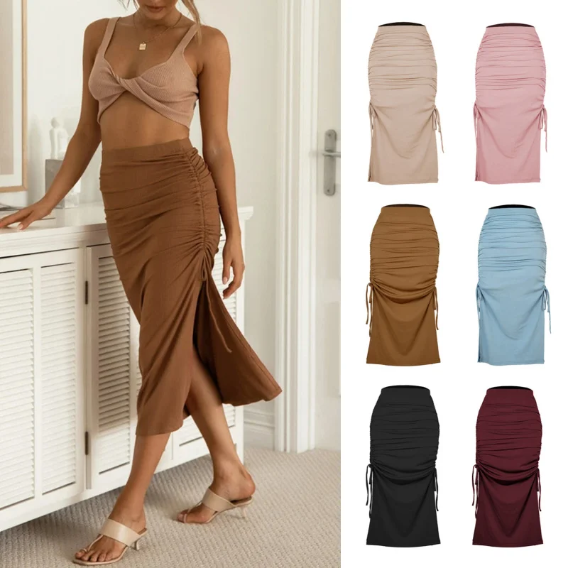 

2025 New Fashion Pleated Tie Sexy Sheath Slit Knitted Slim Skirt C001
