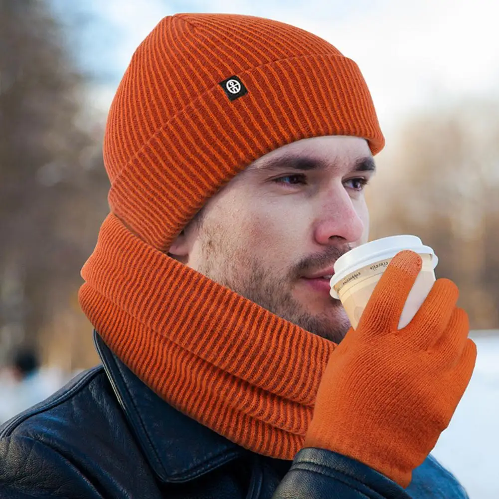 

Outdoor Winter Gear Set 3-piece Winter Hat Scarf Gloves Set for Unisex Solid Color Striped Thick Warm Elastic Anti-slip Neck
