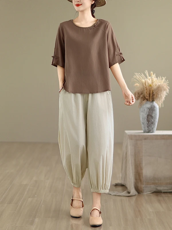 Baumwolle Leinen Set Frauen Sommer Ethnische Sle Lose Top Leinen Mama Outfit Zwei Stücke Set Faionable Casual runde Ne Top