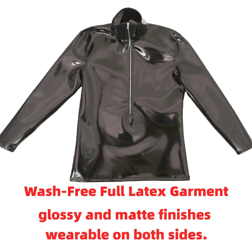 Sexy Men High Neck Long Sleeve T-shirt PU Double Side Top PVC Glossy Shiny Fashion Stage Wear Elastic Slim Tights Dance Wear