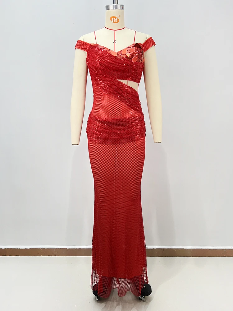VC weelderige avondstijl rode mesh pailletten off-shoulder zeemeerminjurk met uitgesneden ontwerpjurk
