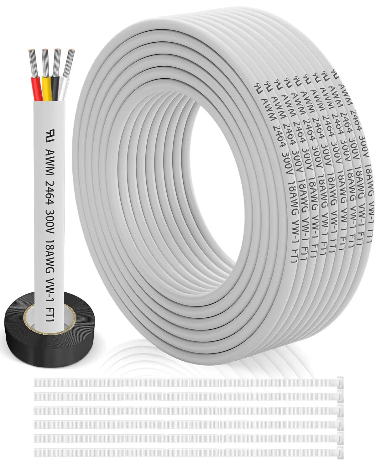 

18 Gauge 4 Conductor Electrical Wire 30FT, 18 AWG 4 Core Tinned Copper PVC Cable for Automotive, LED Lighting, Low Voltage