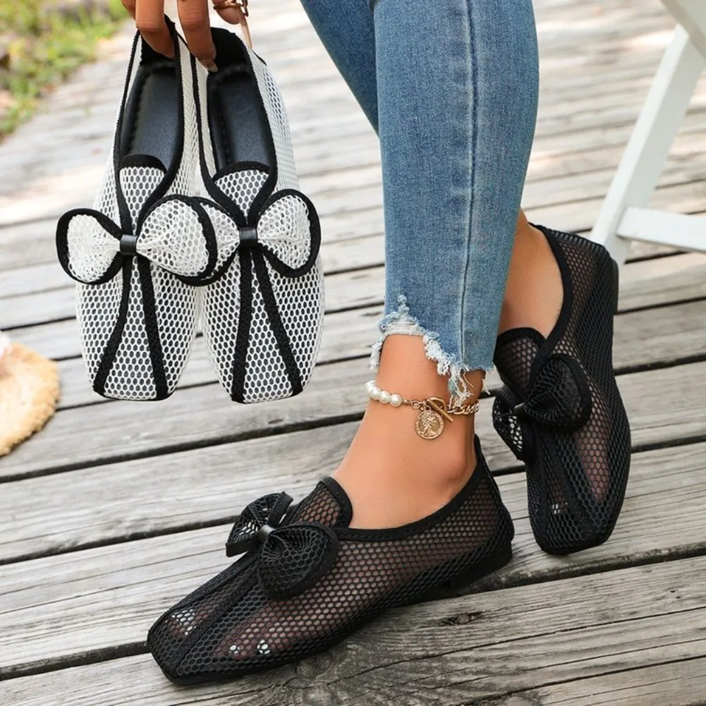 Retro Flache Schuhe Sommer Neu Quadratische Spitze Fischernetz Atmungsaktiv Hohl Ausgefallene Slip-on Baotou Halbpantoffeln Größe 42 – Detail 18