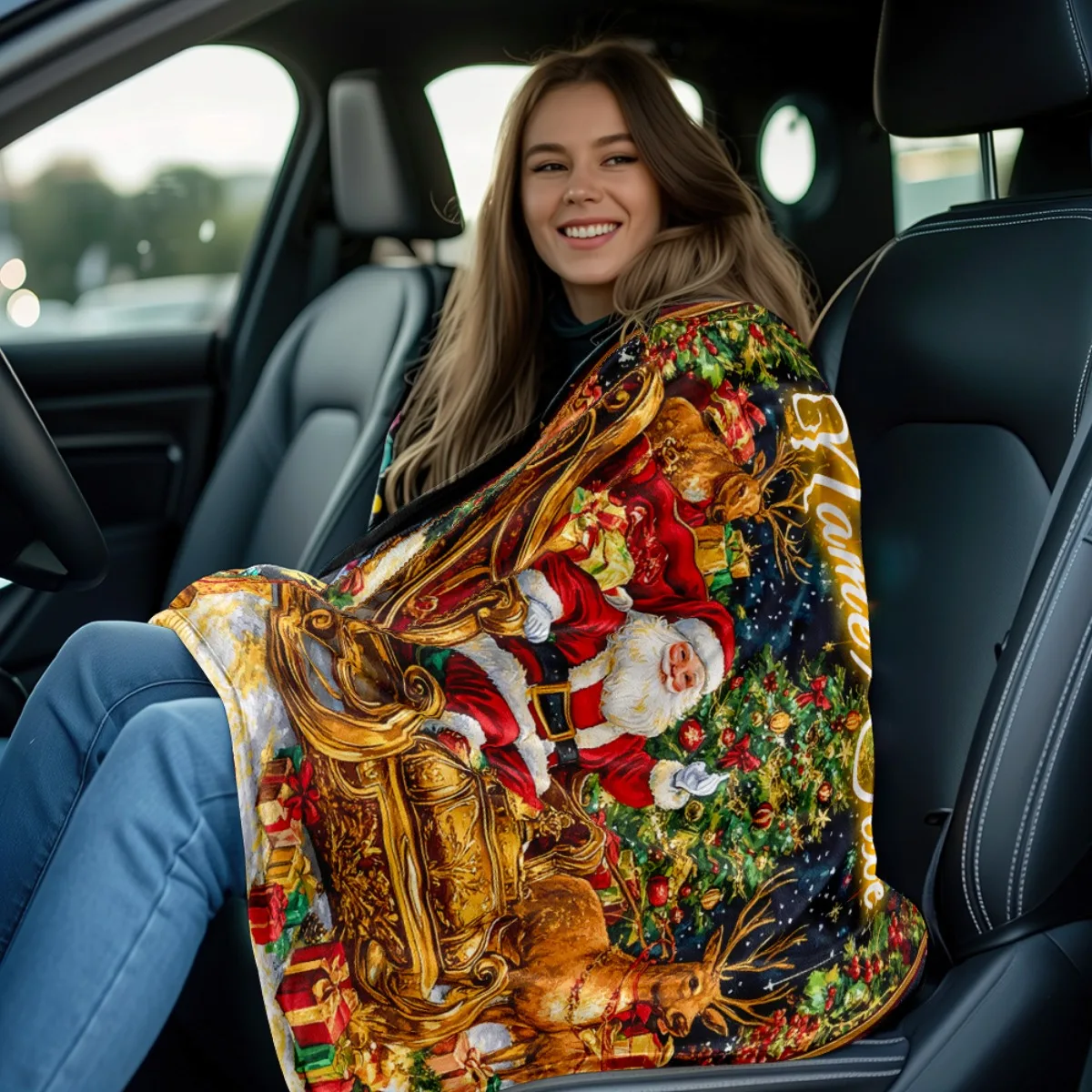 One Personalized Santa'S Sleigh Christmas Artwork Blanket, Featuring an Ornate Design. This Lightweight Bedding Accessory Is Per