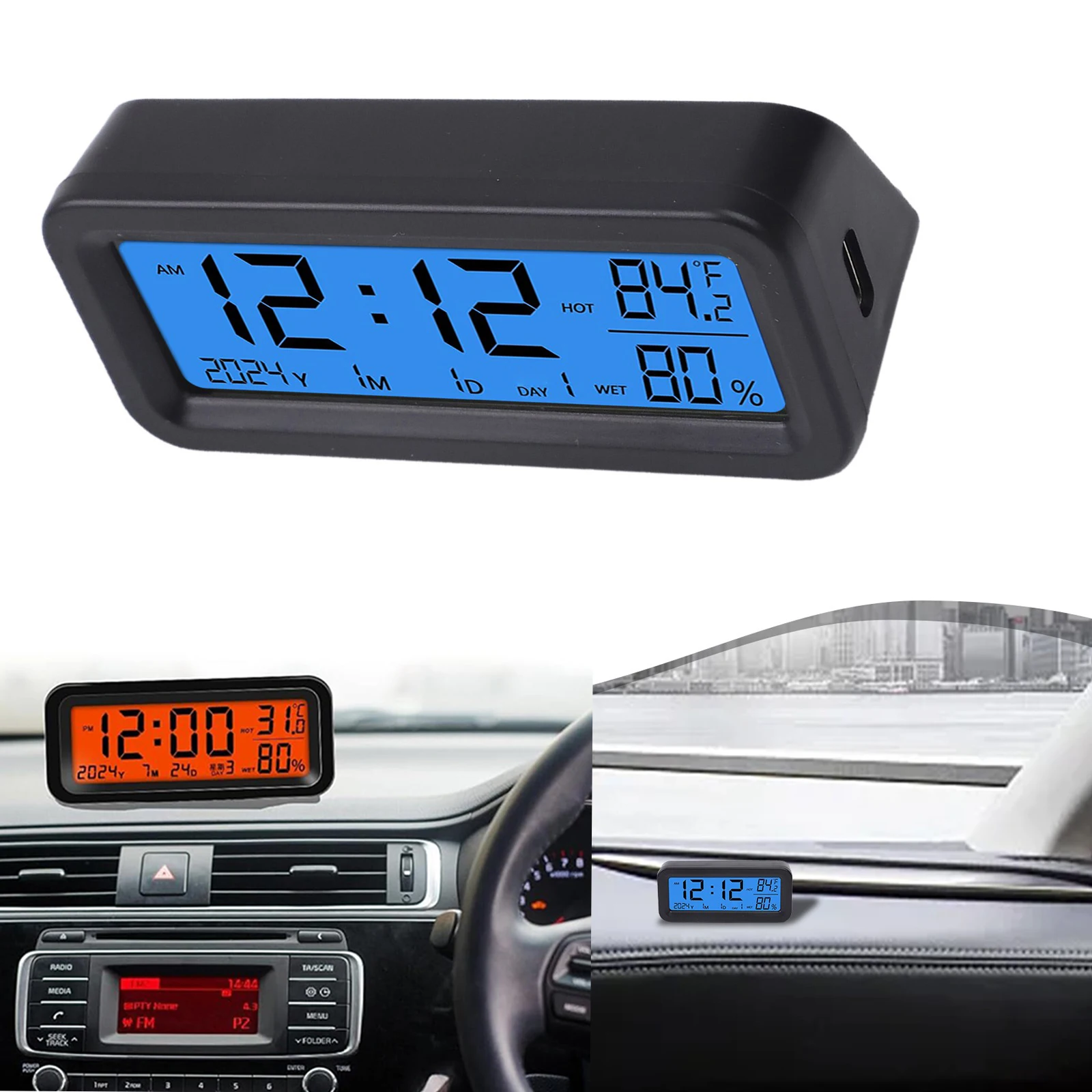 Blue Mini Clock High-Precision Mechanism Temperature And Humidity Display Automatic Backlight Activation In Low-Light Conditions
