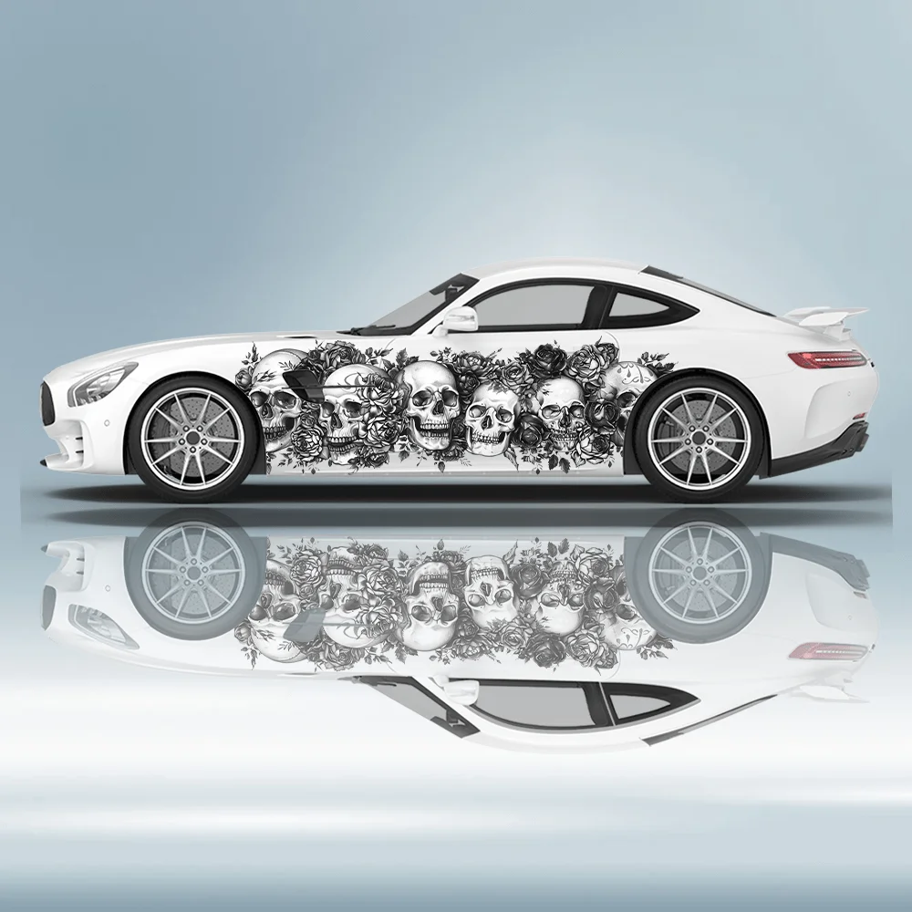 

Черный цветок череп голова группа наклейка автомобильная наклейка полный корпус цветочное украшение покрытие царапин защита автомобиля наклейка водостойкая