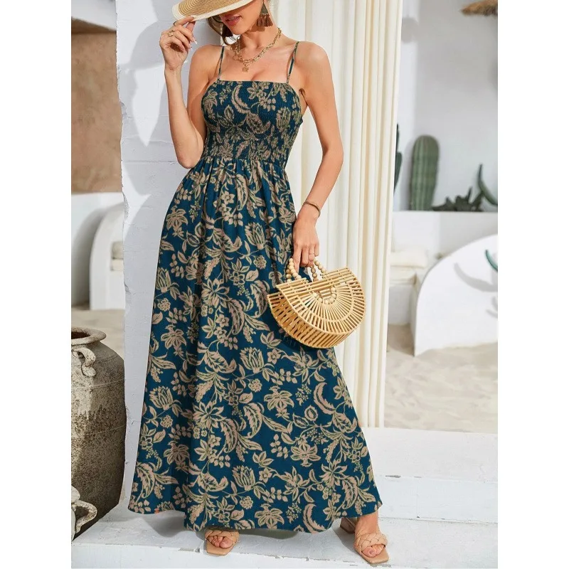 Abito da spiaggia da donna primavera estate con stampa floreale e spalline lunghe a vita smock