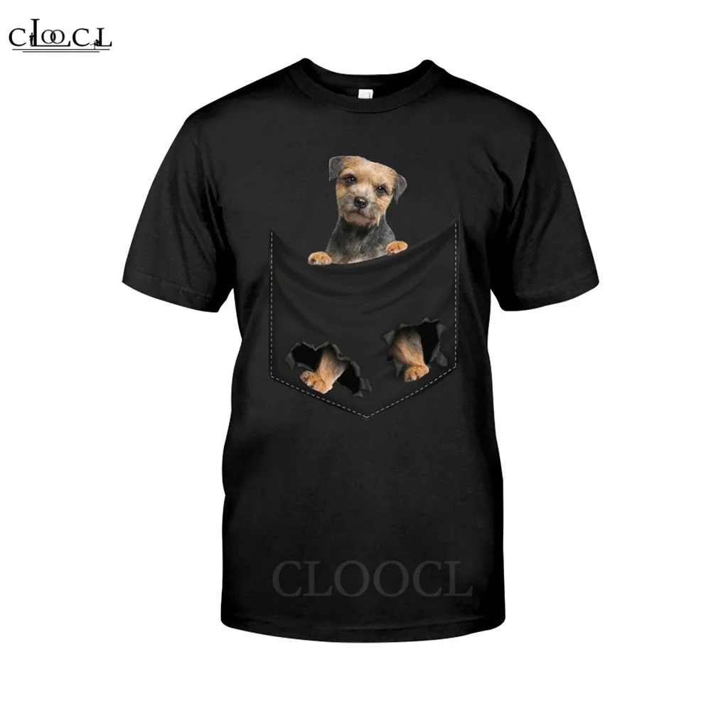 HX Funny T-Shirts 3D Graphic Animals Dog Border Terrier In Pocket Printed Tees Polyester Casual Pullovers Hip Hop Tops