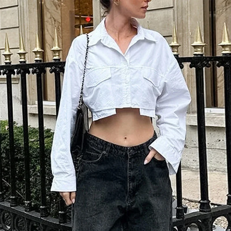 

Fmxires 2025 Women Solid White Blouse Long Sleeve With Pocket Casual Loose Chic Tops Office Lady Fashion Basic Versatile Shirt