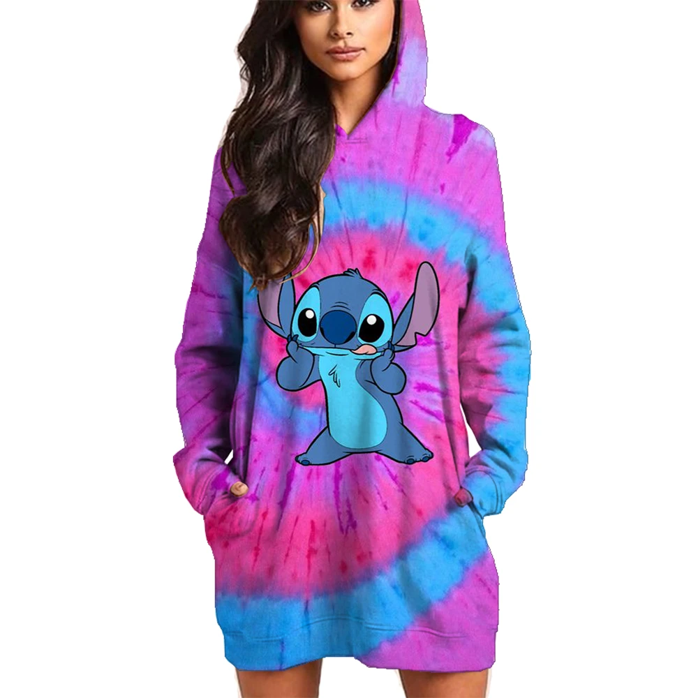 Kawaii Disney Stitch Women's Hoodies Dress Ladies Fashion Leisure S-3XL Youthful Woman Clothes Lovely Black Hoodie Winter Y2k