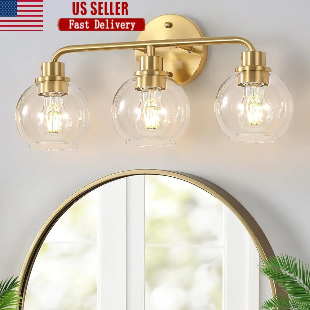 

3-световые золотые светильники для туалетного столика, настенные бра, матовое латунное освещение, прозрачный глобус, стеклянные абажуры, современное освещение для ванной комнаты