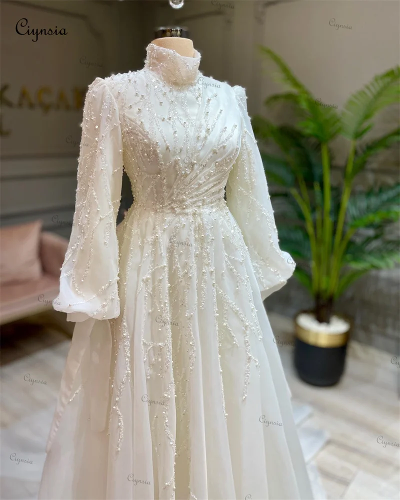 Ciynsia Moroccan Muslim Bridal Gowns Long Sleeves Plus Size Wedding Dresses for Bride A-Line Pearls Vestido De Noiva Casamento