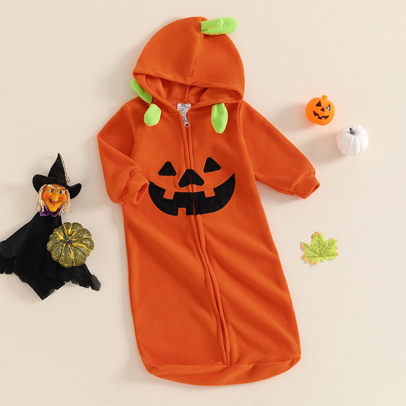 Baby Halloween Sleeping Bag Pumpkin Print Fleece Long Sleeve Hooded Sleep Sacks for Fall Winter