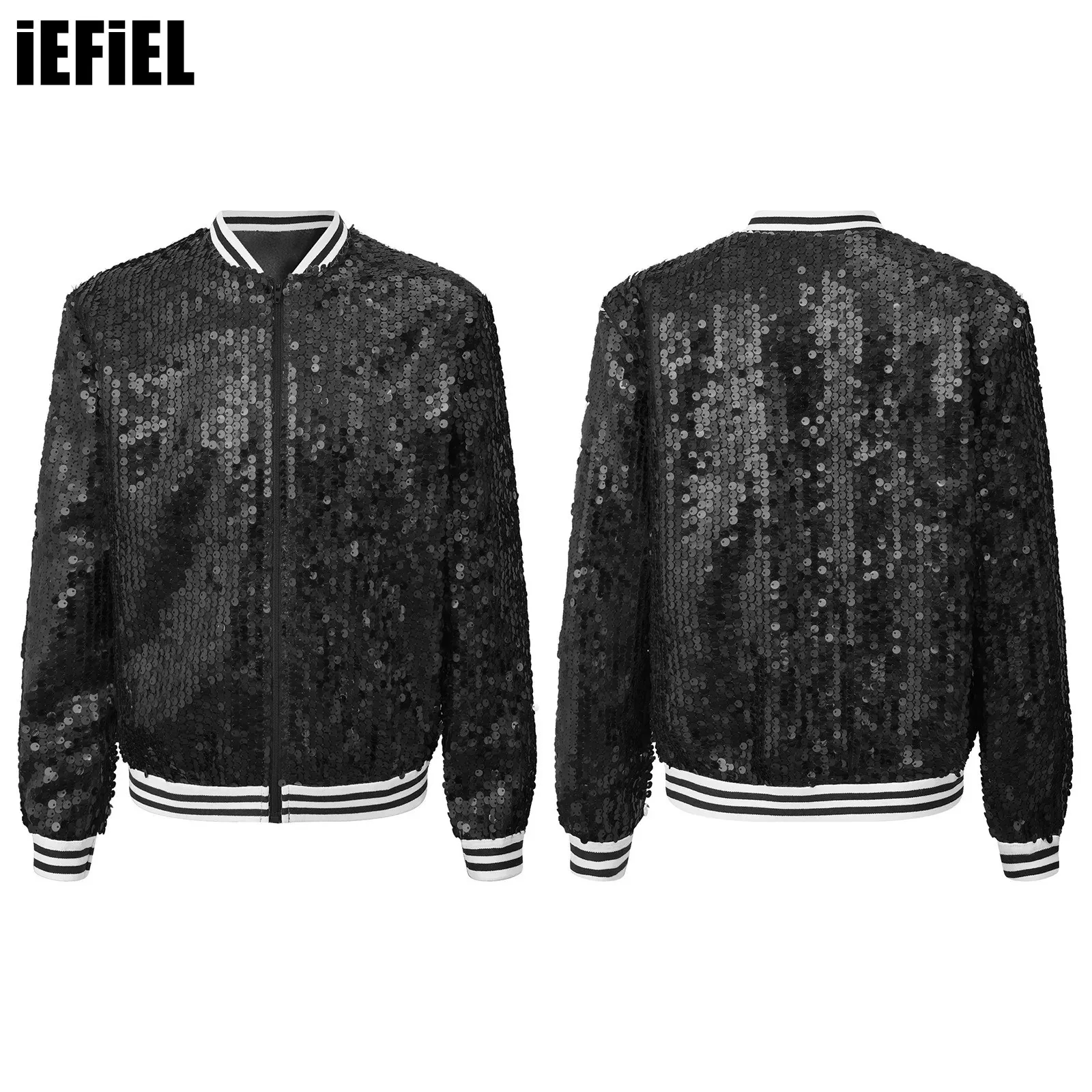 Kids Girls Sequin Dance Coat Baseball Jackets Sparkly Long Sleeve Front Zip Up Striped Trim Outerwear Party Bomber Jackets