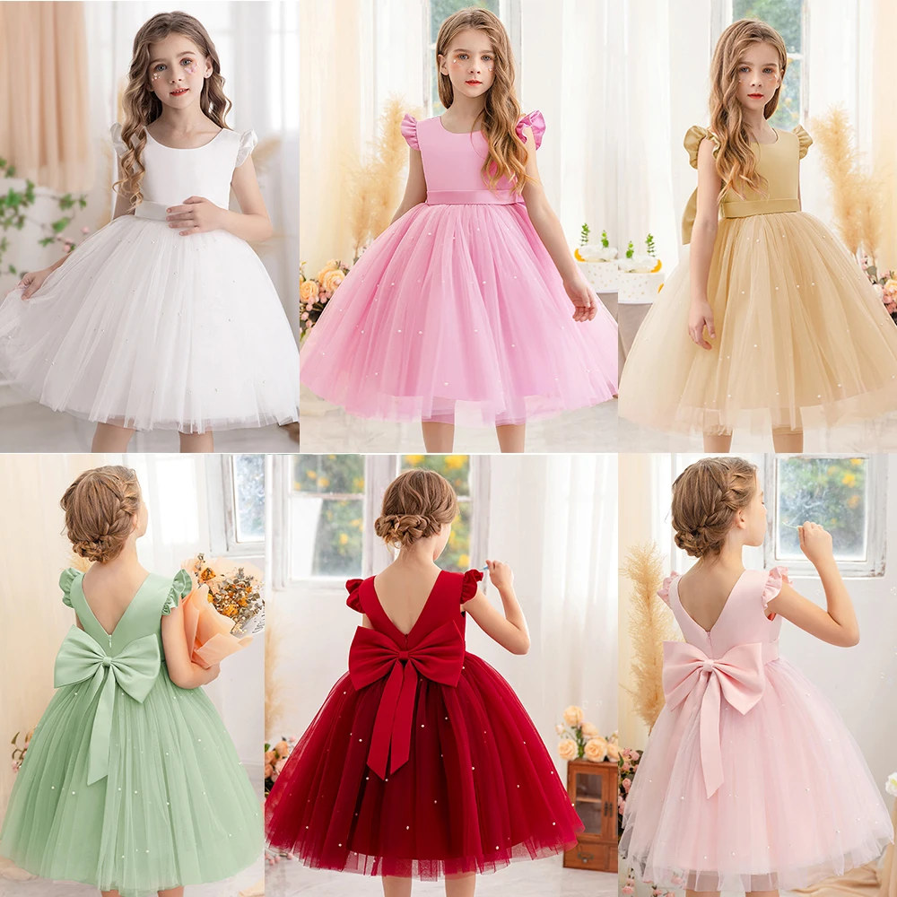 

Вечернее платье для маленьких девочек, однотонное жемчужное платье, элегантное сетчатое платье-пачка с летящими рукавами, свадебное платье с цветочным узором для девочек, платья на день рождения