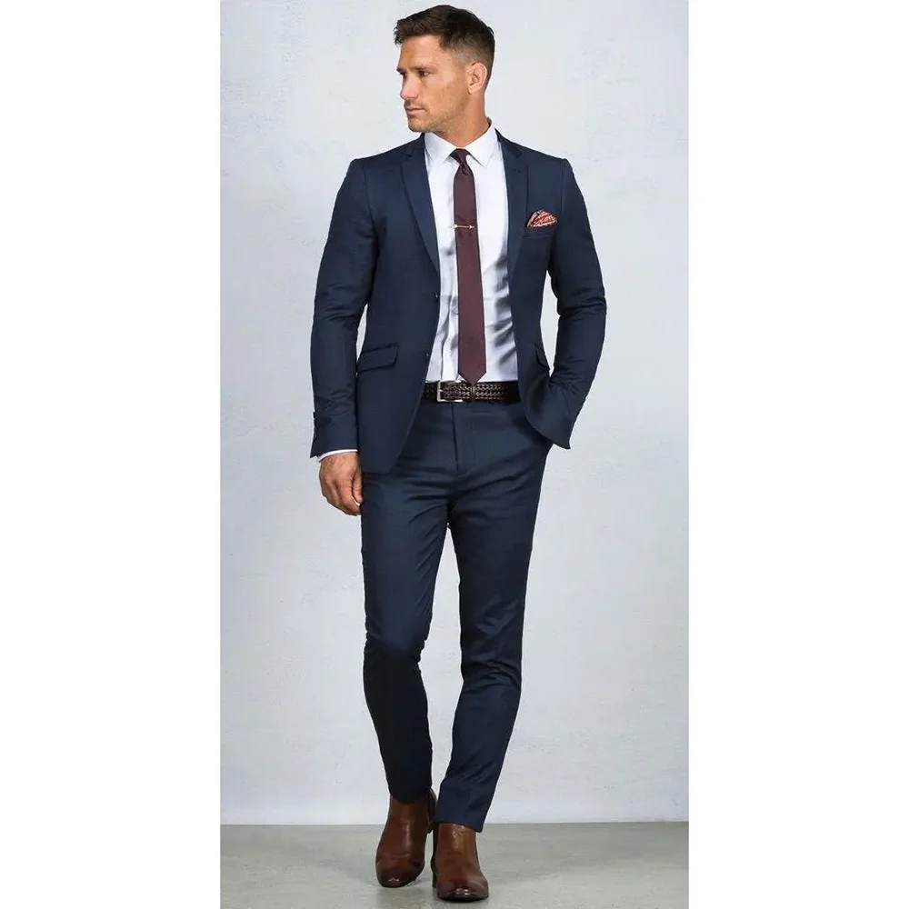 Navy Blue Solid Men Suit Slim Fit High-quality Business Casual Office Male Clothing Formal Wedding Party Tuxedo Two Piece