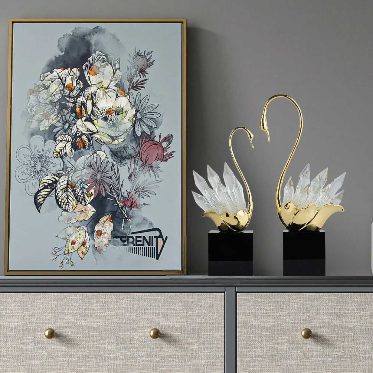 Light luxury modern home new house living room TV cabinet wine cabinet crystal swan ornament handicraft
