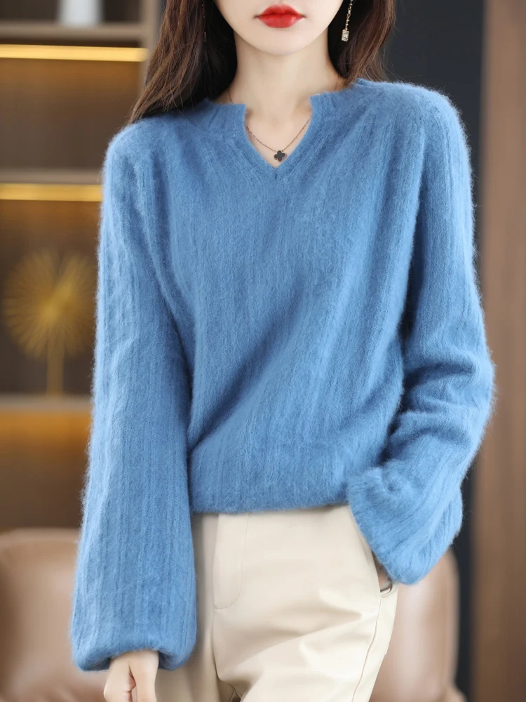 

2024 Autumn/Winter New 100% Mink Cashmere Women's V-Neck Sweater Knitwear Tops Puff Sleeve Pullover Casual Loose Korean Clothing