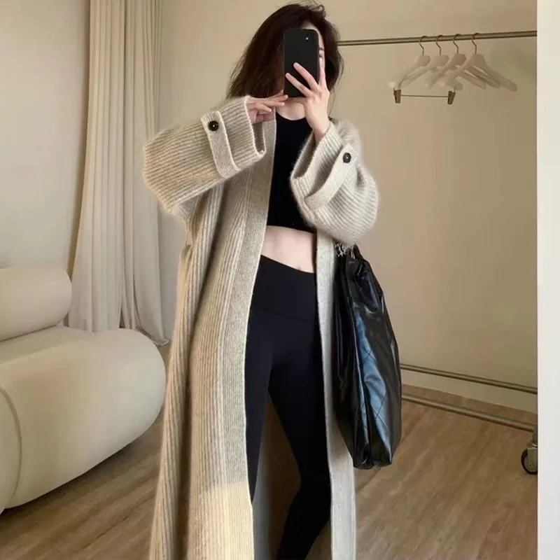 Autumn Winter Long Sleeve Knit Sweater Cardigan Loose Long Coat Women Clothing Casual High Street Vintage Simple Oversize Thick