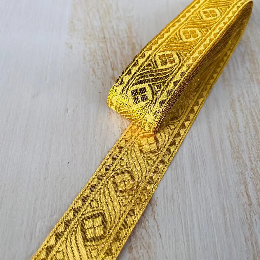 7 Meters /Lots Ethnic Style Webbing Woven Jacquard Ribbon 3.3 CM  Gold For Garment Straps Accessory IS-3280