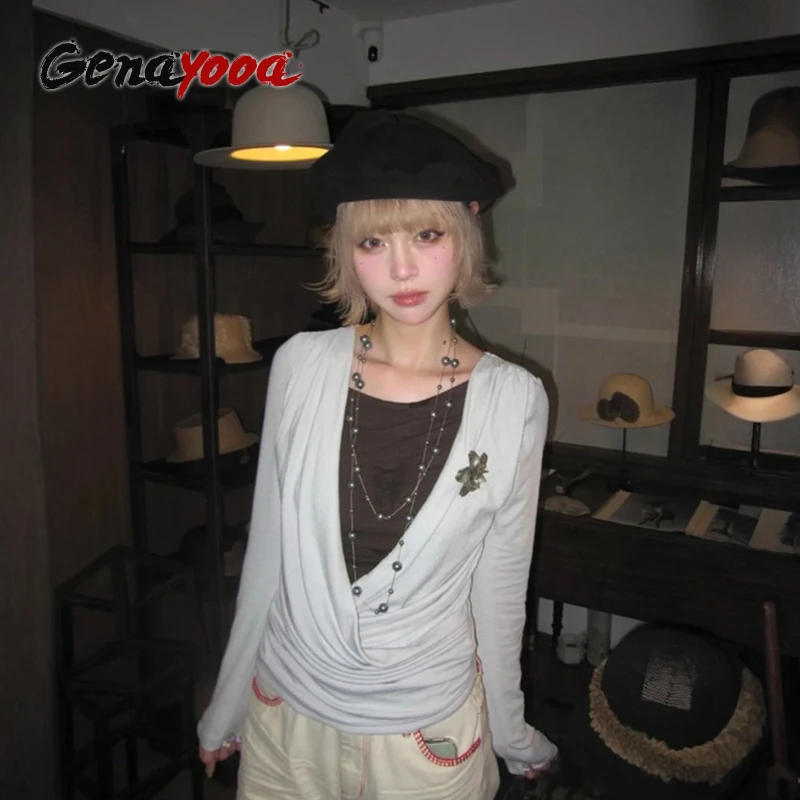 

Genayooa Y2k Japanese Patchwork Fake Two Pieces Two Women Swing Collar Vintage Tee Tops Streetwear American Retro Tshirts 2000s