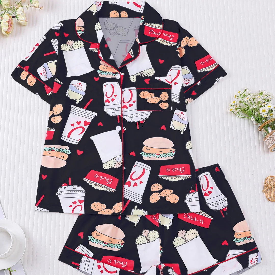 

Black Food Themed Pajama with Burger Cola Print Lapel Short Sleeve Shorts Loungewear Home Wear Set Clothes