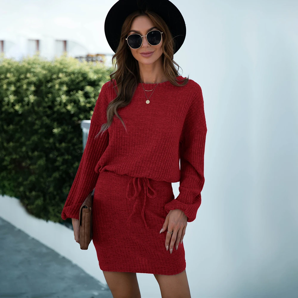 Women Casual Knitted Dress Nice Autumn Winter Long Sleeve O-Neck Lace-up Package Hip Mini Dress Red Elegant Office Lady Dresses