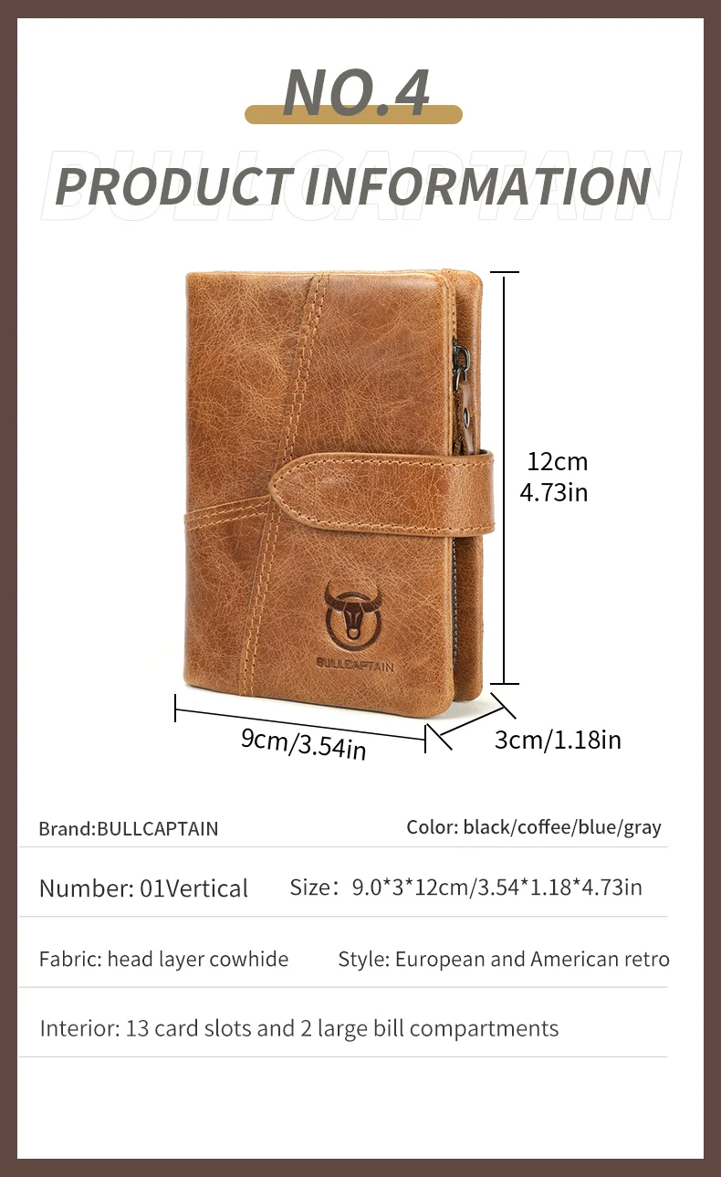 BULLCAPTAIN Herren-Geldbörse aus echtem Leder, Retro-Stil, lässig, dreifach gefaltet, Bargeldclip, RFID-Anti-Diebstahl-Kartenhalter, abnehmbarer Münzhalter – Detail 5