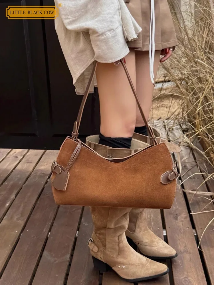 

Office Ladies New Retro Elegant Suede Genuine Leather Tote Handbag Zipper Women Design Single Shoulder Underarm Crossbody Bag