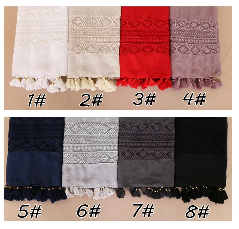 70*210CM Fashion Floral Lace Scarf Shawl Elegant Tassel Cotton and Linen Shawl Pashmina Wraps Hijab Coton Femme Musulman