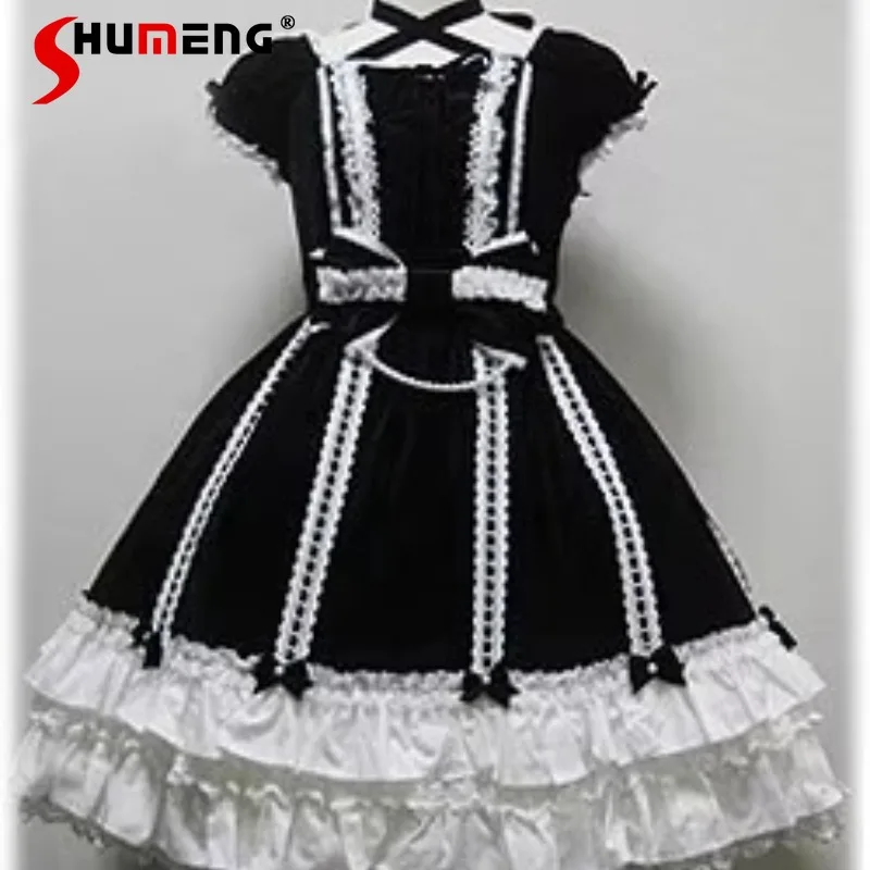 

2025 New Japanese Lolita Style Kawaii Vestidos Vintage Gothic Lace Show Dress Lolita Women's Clothes Y2k Short Sleeves Dresses