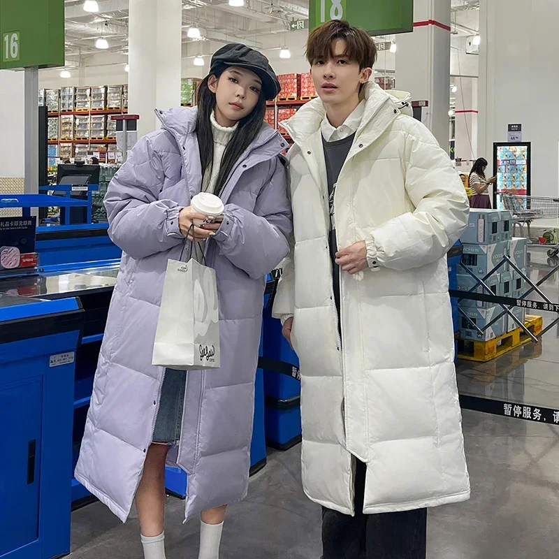 Winter Long Down Jacket Couple's K-Pop Trendy Windproof Warm White Duck Down Coat Male Outdoor Ski Casual Thickened Hooded Coat