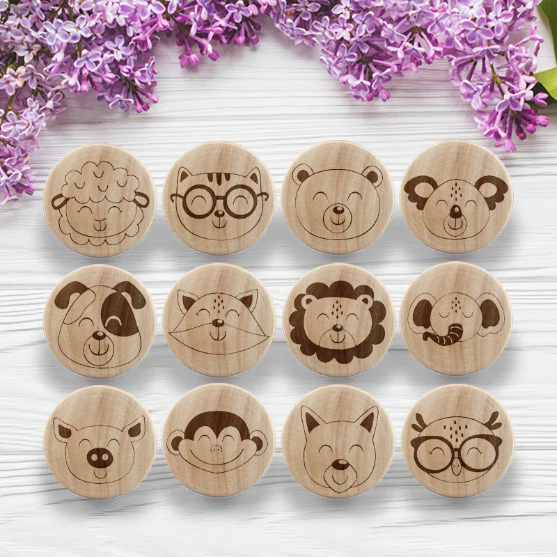 XMSJ Animal pattern Wooden Engraved Draw Knob Boho Nursery Drawer Pull Rustic Doorknob Nature Wood Cabinet Furniture Handles