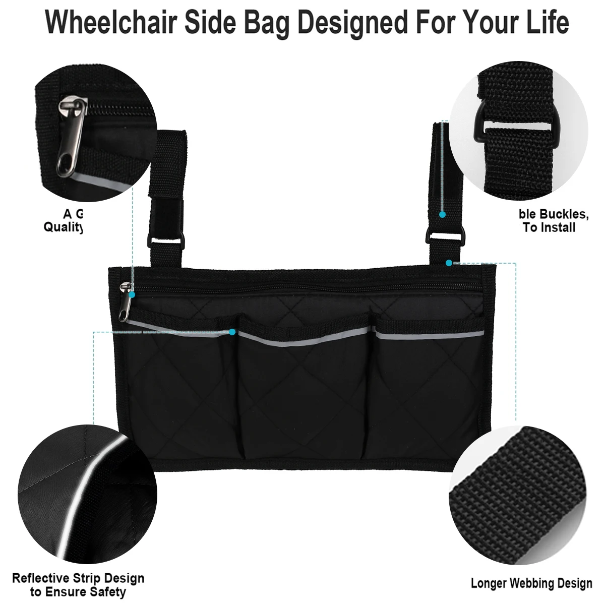 Storage Bag Wheelchair Armrest Reflective Strips Multiple Pockets Convenient Practical Home Supplies Side Pockets for Older